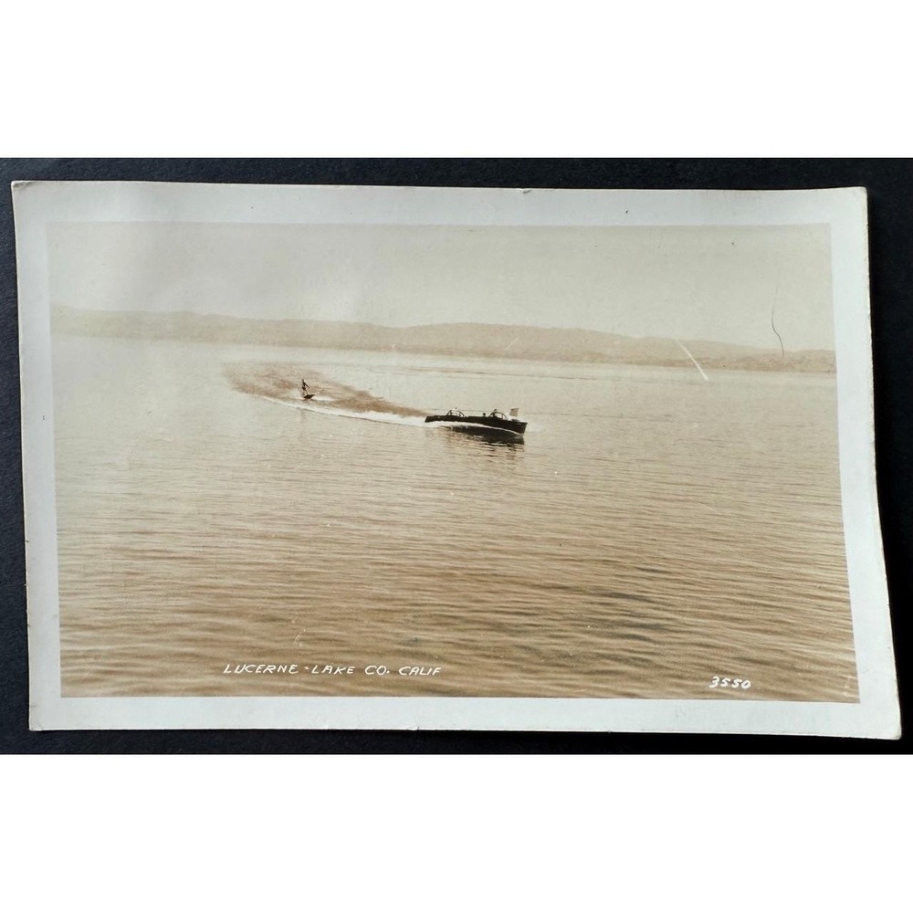 Vintage Lucerne, CA Postcard c.1930s Real Photo Lake County Waterski Boat RPPC
